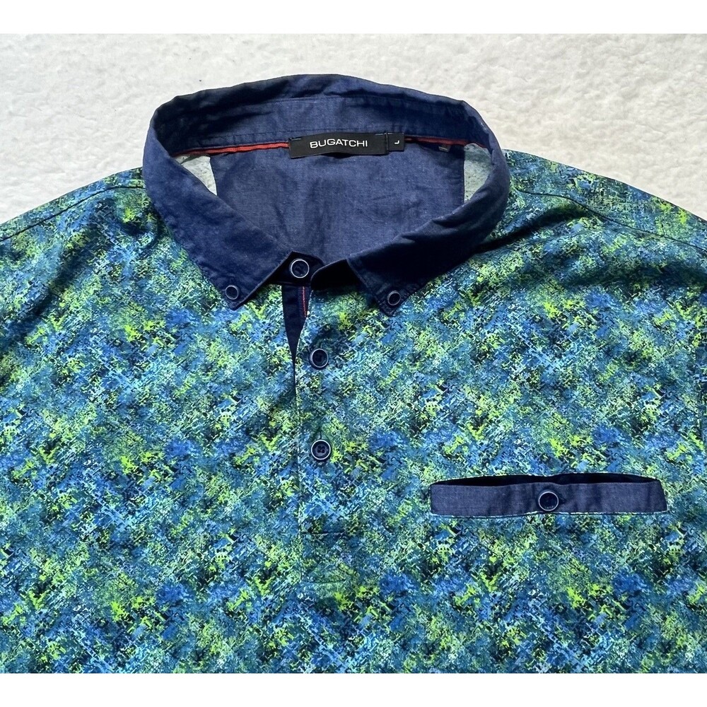 Bugatchi Polo Mens L Blue Green Abstract AOP Ooohcotton S/S Designer Preppy